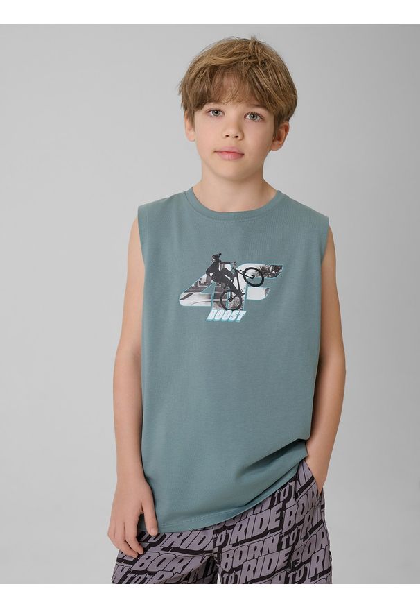 4f - 4F Koszulka bez rękawów regular z nadrukiem chłopięca - turkusowa 158 (12-13 lat). Kolor: turkusowy. Materiał: materiał, bawełna, dzianina. Długość rękawa: bez rękawów. Wzór: nadruk. Sezon: lato