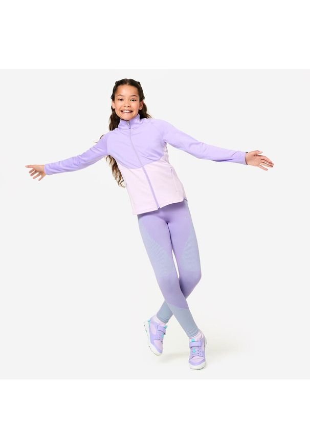 Decathlon - Legginsy fitness dziecięce Domyos. Kolor: zielony, wielokolorowy, fioletowy. Materiał: materiał, poliamid, poliester, elastan