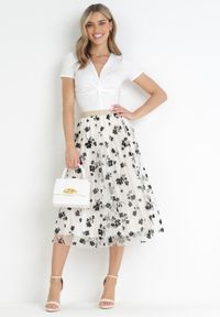 Born2be - Jasnobeżowa Tiulowa Spódnica z Welurowym Wzorem w Kwiaty i Gumką w Pasie Iyosi. Kolor: beżowy. Materiał: welur, tiul. Wzór: kwiaty #3