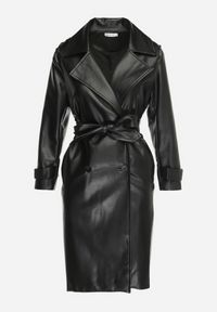Born2be - Czarny Długi Płaszcz Trencz z Imitacji Skóry Wiązany w Pasie Lintia. Kolor: czarny. Materiał: skóra. Długość: długie. Wzór: paski. Styl: klasyczny #3