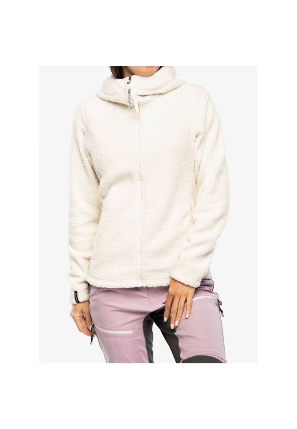 Polar z kapturem damski Didriksons Anniken Full Zip 2. Typ kołnierza: kaptur. Kolor: biały. Materiał: polar. Sport: turystyka piesza
