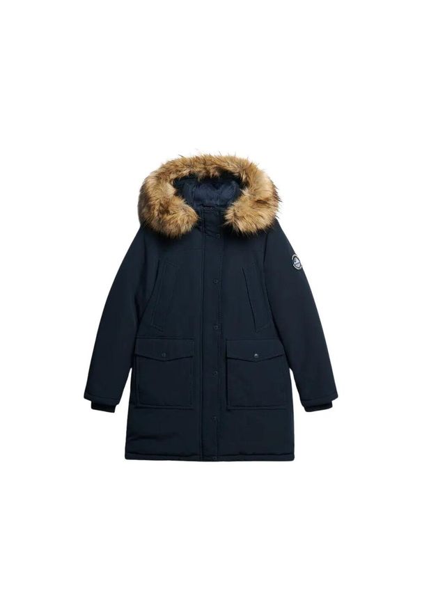 Parka z sztucznego futra damska Superdry Everest. Kolor: niebieski. Materiał: futro. Długość rękawa: długi rękaw. Sezon: zima