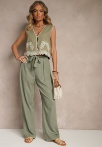 Renee - Zielone Klasyczne Spodnie High Waist z Lnu i Bawełny Wiązane w Talii Linelira. Okazja: na co dzień. Stan: podwyższony. Kolor: zielony. Materiał: bawełna, len. Styl: klasyczny #3