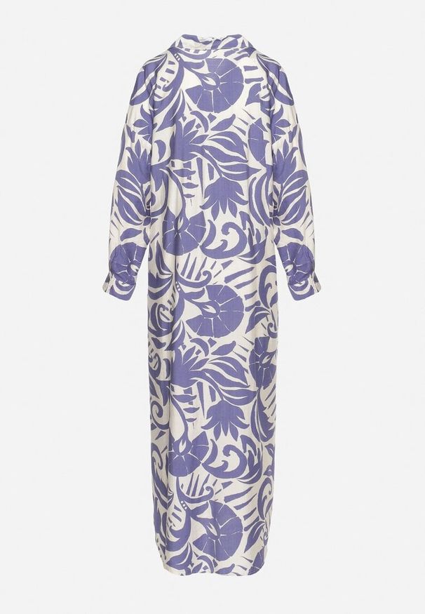 Born2be - Biało-Fioletowa Sukienka Szmizjerka Zapinana na Guziki z Falbanką Lavernia. Okazja: na co dzień, na randkę. Typ kołnierza: dekolt w kształcie V, kołnierz z falbankami. Kolor: biały. Materiał: materiał, wiskoza, jeans, tkanina. Długość rękawa: długi rękaw. Sezon: lato. Typ sukienki: szmizjerki. Styl: klasyczny, casual, elegancki