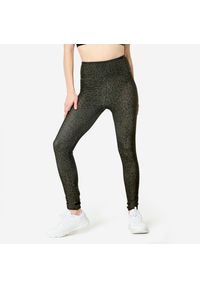 DOMYOS - Legginsy fitness damskie Domyos w panterkę khaki. Kolor: brązowy. Materiał: elastan, poliester, materiał. Wzór: motyw zwierzęcy. Sport: fitness
