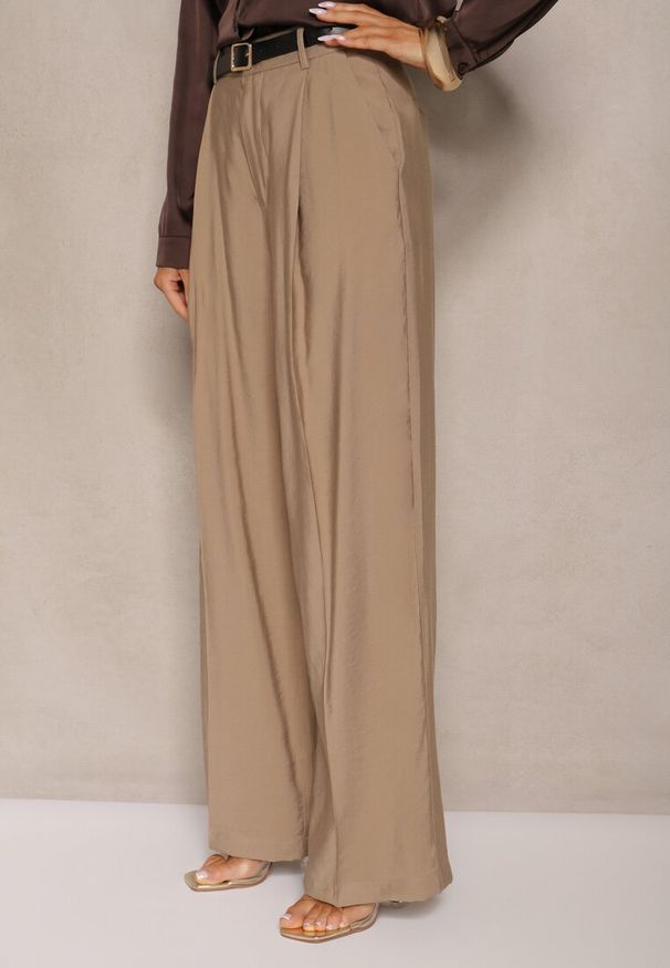 Renee - Beżowe Garniturowe Spodnie High Waist o Szerokim Kroju Efrase. Okazja: na co dzień. Stan: podwyższony. Kolor: beżowy. Styl: casual