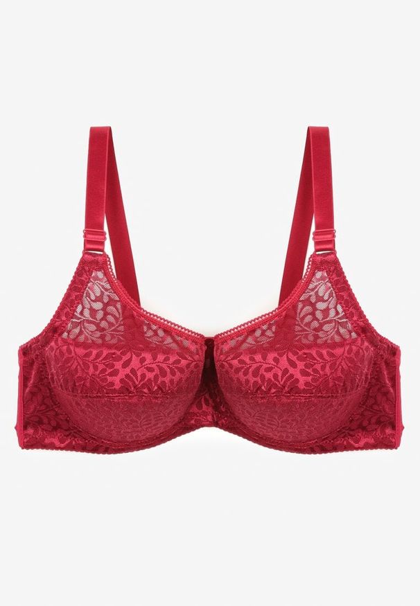 Born2be - Bordowy Biustonosz na Regulowanych Ramiączkach na Haftki Nosofia. Kolor: czerwony. Materiał: bawełna, jeans