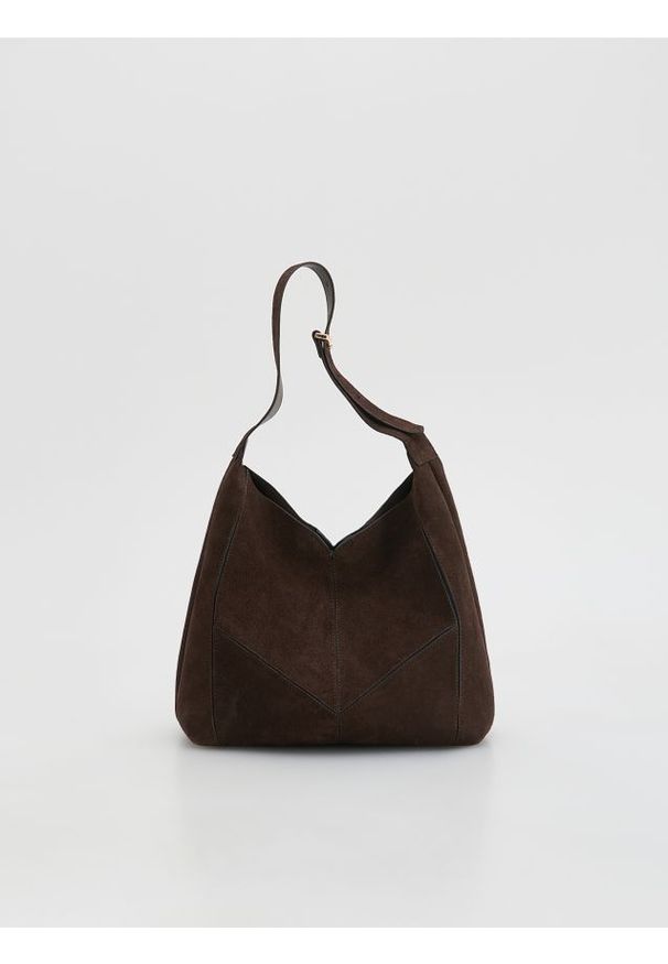 Reserved - Zamszowa torebka shopper - ciemnobrązowy. Kolor: brązowy. Materiał: zamszowe