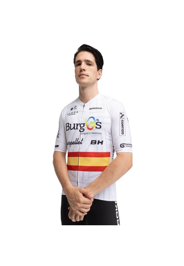SIROKO - Męska koszulka kolarska z krótkim rękawem Burgos Burpellet BH x Siroko Siroko. Kolor: biały. Długość rękawa: krótki rękaw. Długość: krótkie. Sport: kolarstwo