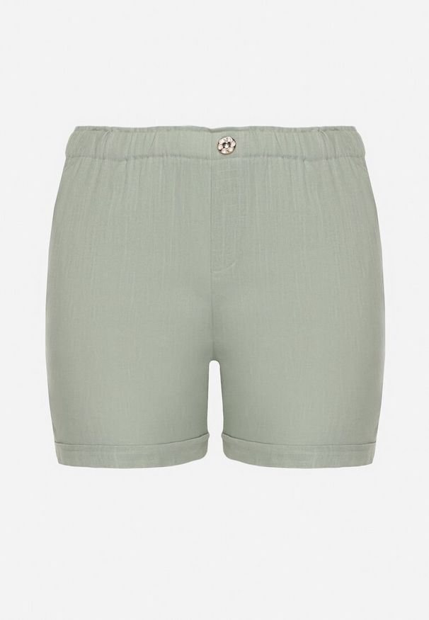 Born2be - Zielone Casualowe Szorty z Lnem z Gumką w Talii Filowena. Okazja: na co dzień. Kolekcja: plus size. Kolor: zielony. Materiał: len. Styl: casual