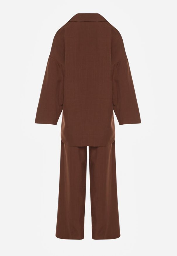 Renee - Brązowy Komplet Garniturowy Oversize Marynarka Dwurzędowa i Spodnie Wide Leg Tevilna. Kolor: brązowy. Wzór: aplikacja