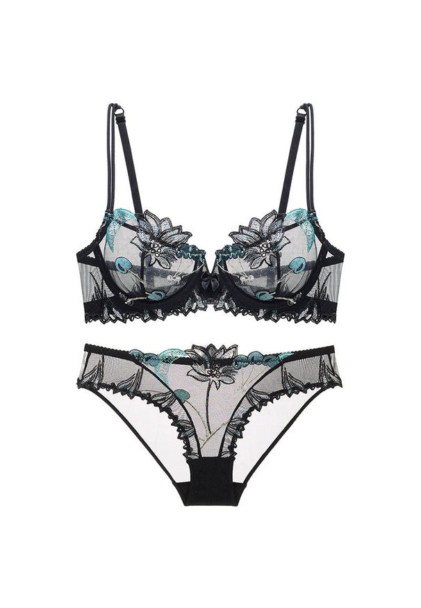 Intica - Zestaw bielizny koronkowej z haftem Aoiffe. Kolor: czarny. Materiał: koronka. Wzór: haft