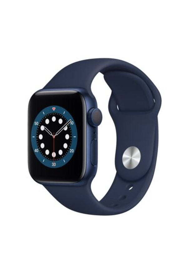 APPLE Watch 6 40mm (Niebieski z opaską sportową w kolorze niebieskim). Rodzaj zegarka: smartwatch. Kolor: niebieski. Materiał: poliester, nylon, guma, materiał. Styl: sportowy