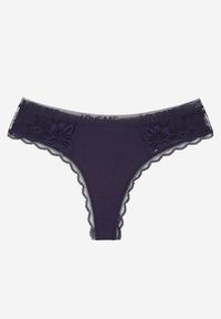 Born2be - Granatowe Majtki Stringi z Subtelną Koronką z Bawełną Adriedah. Kolor: niebieski. Materiał: koronka, bawełna. Wzór: koronka #1