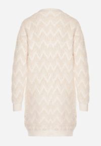 Born2be - Jasnobeżowy Niezapinany Kardigan Przed Kolano w Paski Chevron Afesura. Kolor: beżowy. Materiał: dzianina. Długość rękawa: długi rękaw. Długość: długie. Wzór: paski #2