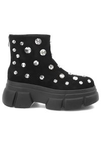 Czarne Botki S.Barski Modne Buty Damskie Na Platformie. Okazja: na co dzień. Kolor: czarny. Materiał: materiał. Wzór: aplikacja. Sezon: zima, jesień. Obcas: na platformie. Styl: glamour, casual, elegancki #4