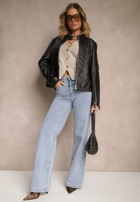 Renee - Czarna Kurtka Ramoneska z Ozdobnymi Przeszyciami Idivona. Okazja: na co dzień, na imprezę. Kolor: czarny. Materiał: jeans. Styl: casual #4