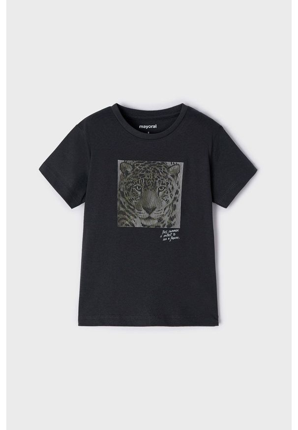 Mayoral T-shirt bawełniany dziecięcy kolor czarny z nadrukiem. Okazja: na co dzień. Kolor: czarny. Materiał: bawełna. Wzór: nadruk. Styl: casual