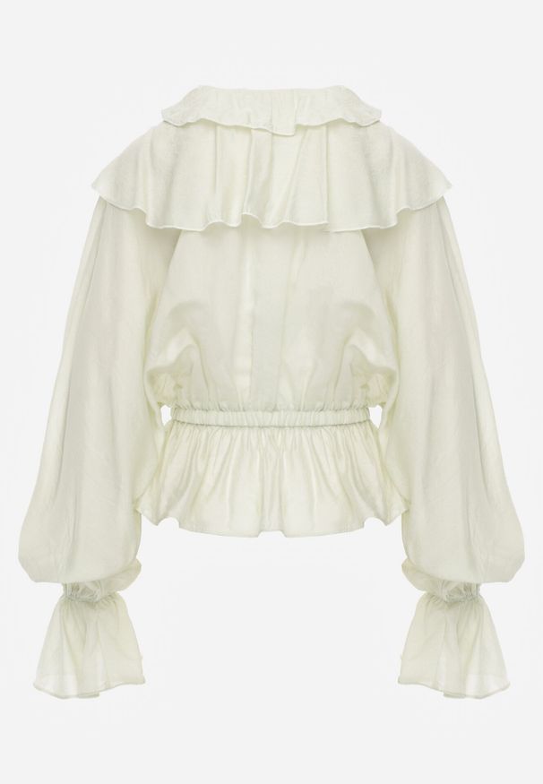 Born2be - Zielona Bluzka Elegancka z Falbanami z Rozszerzanymi Rękawami Irintora. Okazja: na co dzień. Kolor: zielony. Materiał: jeans. Długość: długie. Styl: elegancki