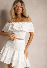 Renee - Biały 2-częściowy Komplet Top Hiszpanka i Spódnica z Haftowanej Tkaniny Tamimas. Kolor: biały. Materiał: tkanina. Wzór: haft
