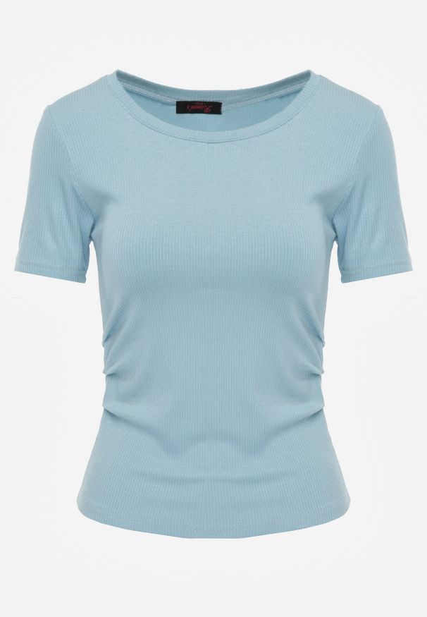 Born2be - Jasnoniebieski Prążkowany T-shirt Ozdobiony po Bokach Marszczeniem Nedisa. Okazja: na co dzień. Kolor: niebieski. Materiał: prążkowany. Wzór: aplikacja. Styl: casual
