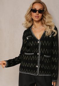 Renee - Czarny Kardigan na Guziki w Cyrkonie z Metaliczną Nitką Sianasa. Kolor: czarny. Materiał: dzianina, tkanina, wiskoza #4