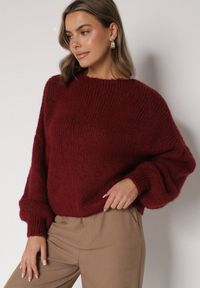 Born2be - Bordowy Kardigan Oversize z Wełną Zdobiony Kokardkami Eleathalie. Okazja: na co dzień. Typ kołnierza: kokarda. Kolor: czerwony. Materiał: wełna. Wzór: aplikacja. Styl: casual, elegancki #4