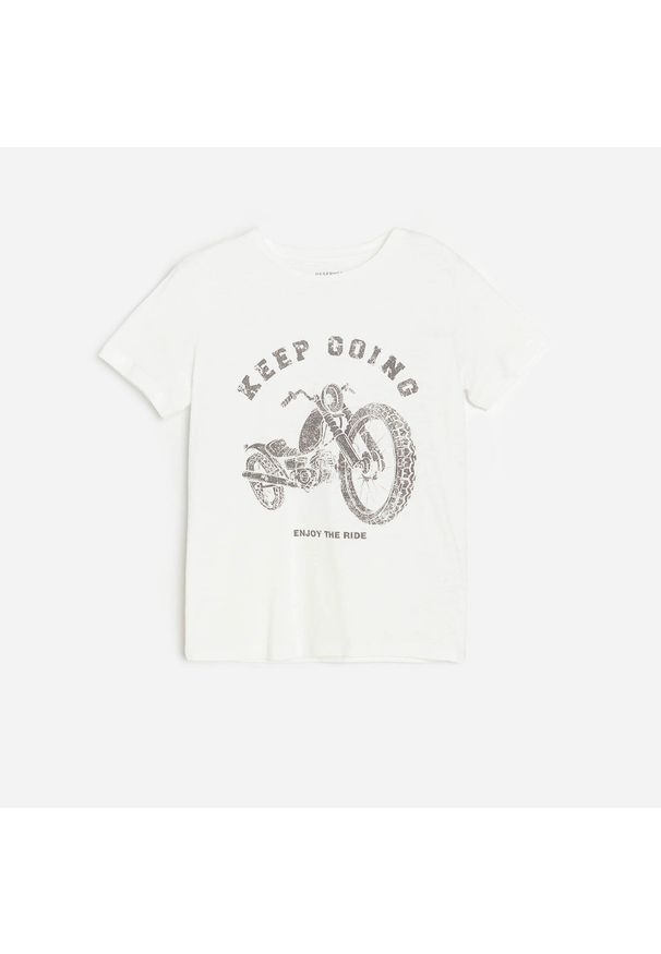 Reserved - Bawełniany t-shirt z nadrukiem - Kremowy. Kolor: kremowy. Materiał: bawełna. Wzór: nadruk