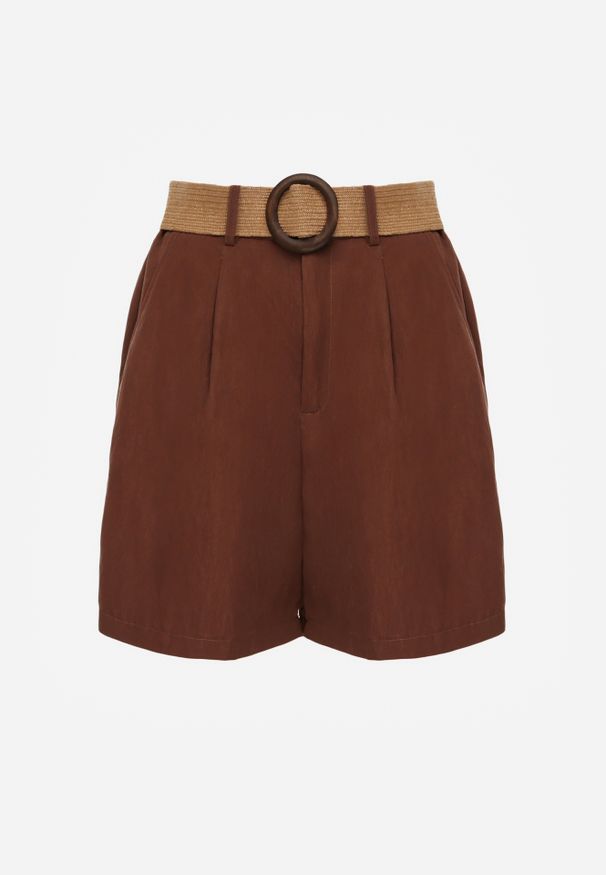 Renee - Brązowe Szorty Casual z Wiskozą High Waist Ozdobione Paskiem z Plecionki Kailee. Okazja: na co dzień. Stan: podwyższony. Kolor: brązowy. Materiał: wiskoza. Wzór: aplikacja. Styl: casual