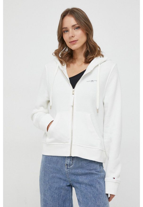TOMMY HILFIGER - Tommy Hilfiger bluza damska kolor beżowy z kapturem gładka. Typ kołnierza: kaptur. Kolor: beżowy. Materiał: bawełna. Długość rękawa: długi rękaw. Długość: długie. Wzór: gładki