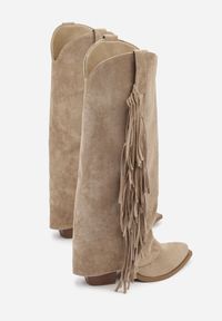 Renee - Ciemnobeżowe Kozaki Kowbojki na Stożku z Cholewką Imitującą Nogawkę z Frędzlami Monettea. Kolor: beżowy. Materiał: jeans. Szerokość cholewki: normalna. Obcas: na stożku #4