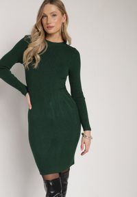 Born2be - Ciemnozielona Dopasowana Sukienka z Prążkowanej Dzianiny z Bawełną Tesmera. Okazja: na spotkanie biznesowe, do pracy, na co dzień. Kolor: zielony. Materiał: dzianina, prążkowany, bawełna. Styl: casual, biznesowy #2