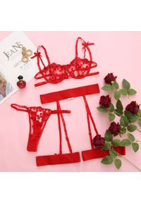 Intica - Komplet bielizny koronkowy z kokardkami Walentina. Kolor: czerwony. Materiał: koronka. Wzór: koronka