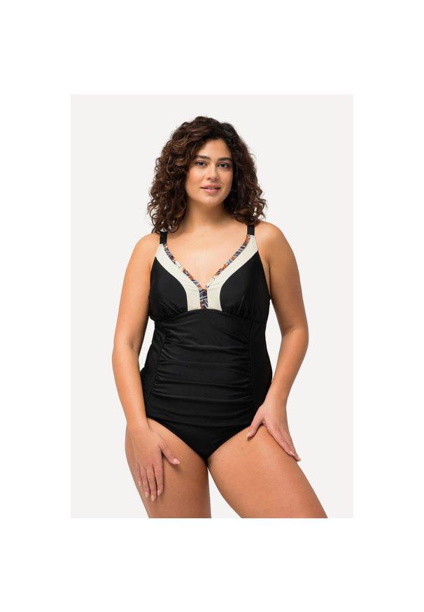 ULLA POPKEN - Damskie Tankini marszczenie ozdobne obszycie miękkie miseczki z recyklingu. Kolekcja: plus size. Kolor: czarny. Materiał: elastan, poliamid, materiał