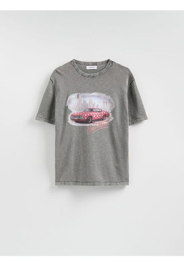 Reserved - Sweter z nadrukiem - ciemnoszary. Kolor: szary. Materiał: bawełna, dzianina. Wzór: nadruk