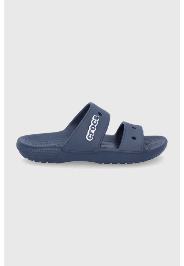 Crocs Klapki damskie kolor granatowy. Kolor: niebieski. Materiał: materiał, guma. Wzór: gładki. Obcas: na obcasie. Wysokość obcasa: niski
