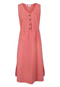Sukienka lniana midi z plisą guzikową bonprix rabarbarowy. Kolor: różowy. Materiał: len. Długość: midi #1