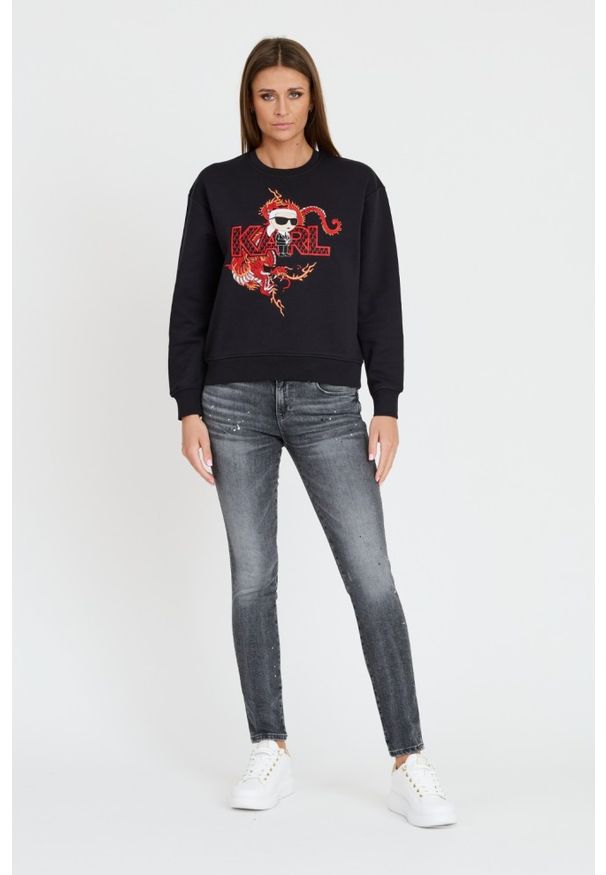 Karl Lagerfeld - KARL LAGERFELD Czarna damska bluza ikonik lny, Rozmiar XS. Kolor: czarny. Materiał: len. Wzór: haft