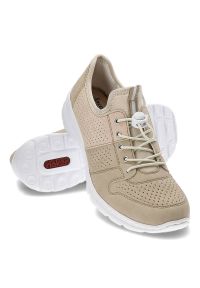 Beżowe Półbuty Rieker Wygodne Buty Damskie. Okazja: na co dzień. Zapięcie: bez zapięcia. Kolor: beżowy. Materiał: materiał, skóra ekologiczna. Szerokość cholewki: normalna. Obcas: na obcasie. Styl: casual. Wysokość obcasa: średni #3