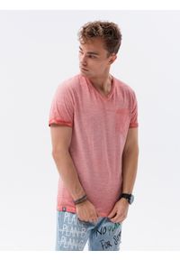 Ombre Clothing - T-shirt męski z kieszonką - koralowy melanż V4 S1388 - XL. Kolor: pomarańczowy. Materiał: jeans, bawełna. Wzór: melanż #4
