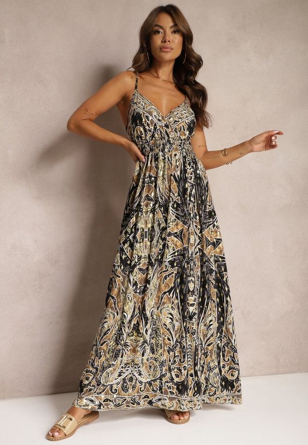 Renee - Czarno-Beżowa Rozkloszowana Sukienka z Wiskozy na Regulowanych Ramiączkach w Stylu Boho Yalfea. Okazja: na spacer. Typ kołnierza: dekolt w serek. Kolor: czarny. Materiał: wiskoza. Długość rękawa: na ramiączkach. Sezon: lato. Typ sukienki: rozkloszowane. Styl: boho
