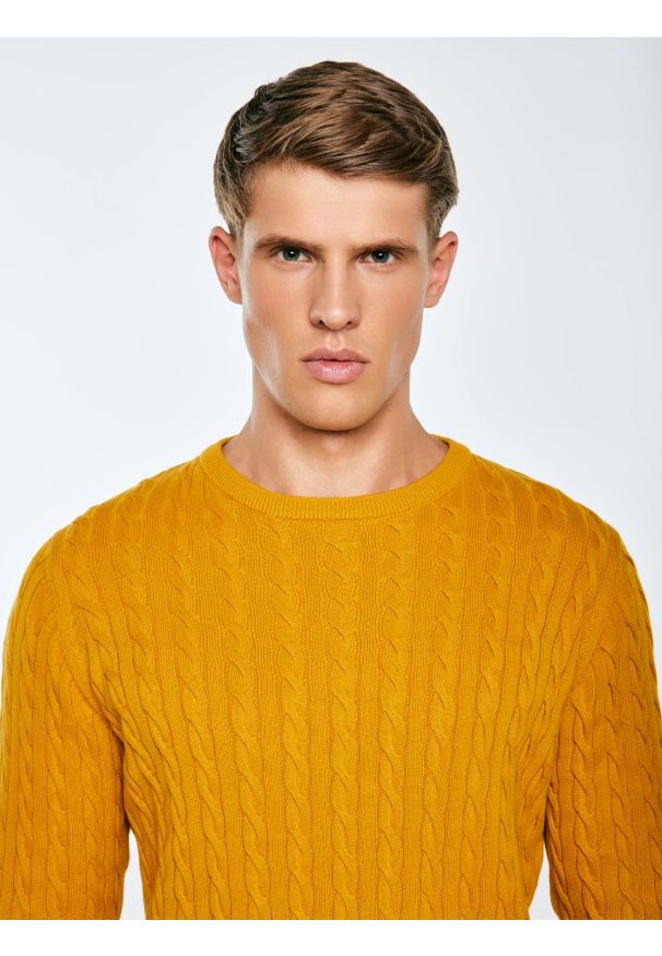 Big-Star - Sweter męski ze splotem warkoczowym żołty Amaris 201. Okazja: na co dzień. Kolor: żółty. Materiał: jeans, dzianina. Wzór: ze splotem. Styl: klasyczny, casual