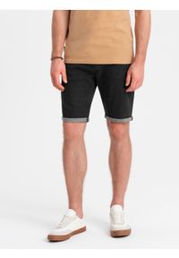 Ombre Clothing - Szorty jeansowe męskie z podwiniętymi nogawkami – czarne V4. Okazja: na co dzień. Kolor: czarny. Materiał: jeans. Długość: krótkie. Wzór: aplikacja, ze splotem. Sezon: lato. Styl: casual, elegancki