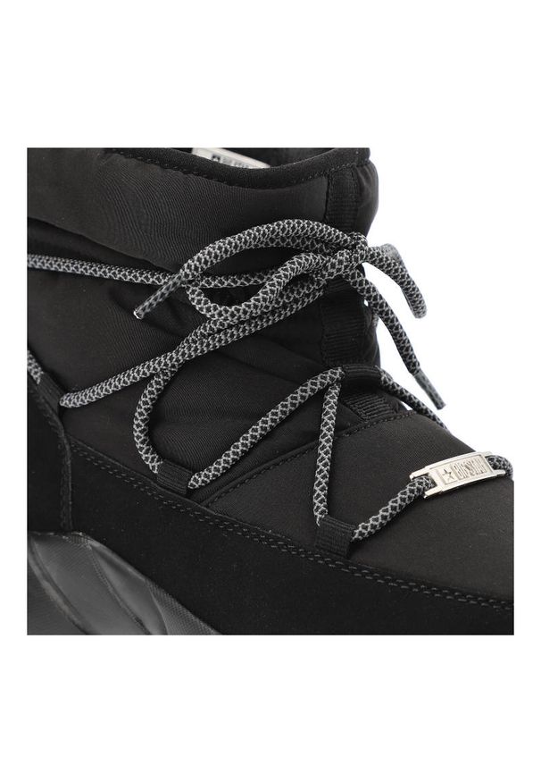 Big-Star - Czarne Śniegowce Big Star Modne Ocieplane Buty Damskie. Zapięcie: sznurówki. Kolor: czarny. Szerokość cholewki: normalna. Wzór: aplikacja. Materiał: syntetyk, skóra ekologiczna, materiał, dzianina, futro. Sezon: zima. Obcas: na obcasie. Styl: elegancki. Wysokość obcasa: niski