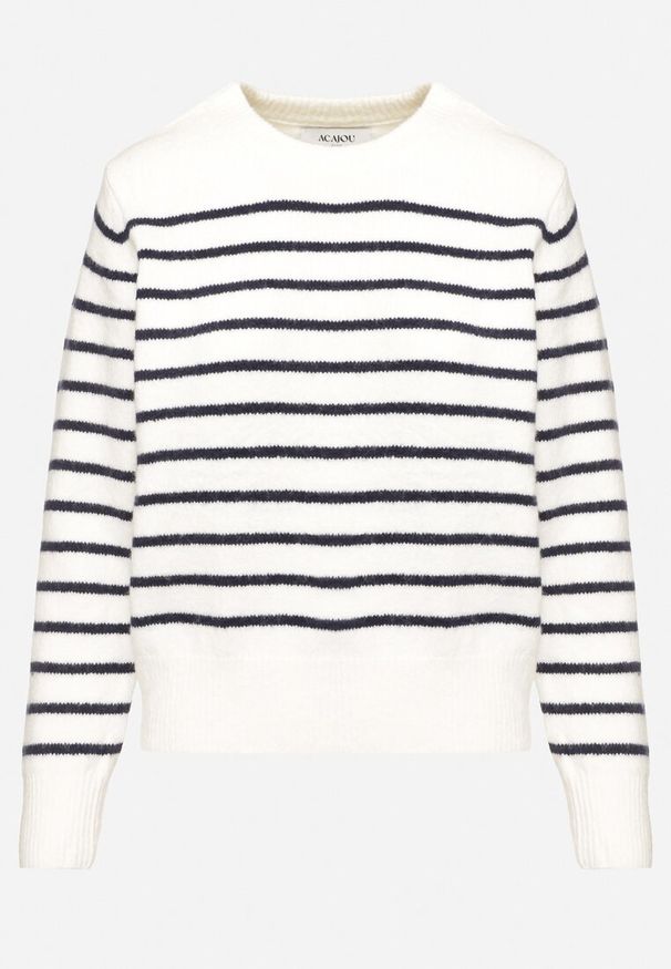 Born2be - Biały Sweter w Paski o Klasycznym Kroju Rialira. Okazja: na co dzień. Kolor: biały. Materiał: jeans. Długość rękawa: długi rękaw. Długość: długie. Wzór: paski. Styl: klasyczny