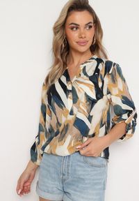 Born2be - Beżowo-Żółta Bluzka w Abstrakcyjny Wzór z Podpinanymi Rękawami Xaliana. Okazja: na co dzień. Kolekcja: plus size. Kolor: beżowy. Styl: casual #5