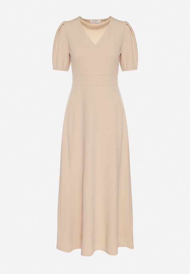 Born2be - Jasnobeżowa Sukienka Rozkloszowana z Trójkątnym Dekoltem Efralinae. Okazja: na imprezę, na spacer. Kolor: beżowy. Sezon: lato. Typ sukienki: rozkloszowane. Styl: elegancki, klasyczny