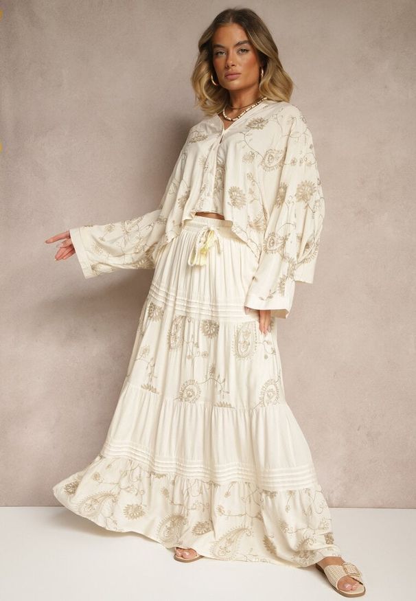 Renee - Beżowy Wiskozowy Komplet Boho z Koszulą o Nietoperzowym Kroju i Spódnicą Separia. Kolor: beżowy. Materiał: wiskoza. Wzór: aplikacja