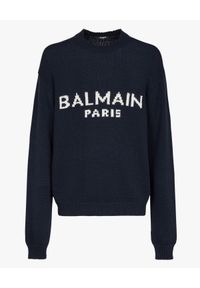 Balmain - BALMAIN - Granatowy sweter z logo. Kolor: niebieski. Materiał: wełna. Długość rękawa: długi rękaw. Długość: długie. Wzór: haft #5