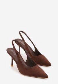 Born2be - Brązowe Sandały Slingback z Imitacji Zamszu na Szpilce z Noskiem w Szpic Delanoe. Okazja: na wesele, na imprezę, na co dzień, na ślub cywilny. Nosek buta: szpiczasty. Zapięcie: bez zapięcia. Kolor: brązowy. Materiał: zamsz. Obcas: na szpilce. Styl: casual, klasyczny, elegancki #5